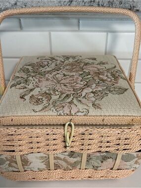 Vtg Sewing Basket AZAR Hard Woven Tapestry Floral Wicker Square Case W/Supplies